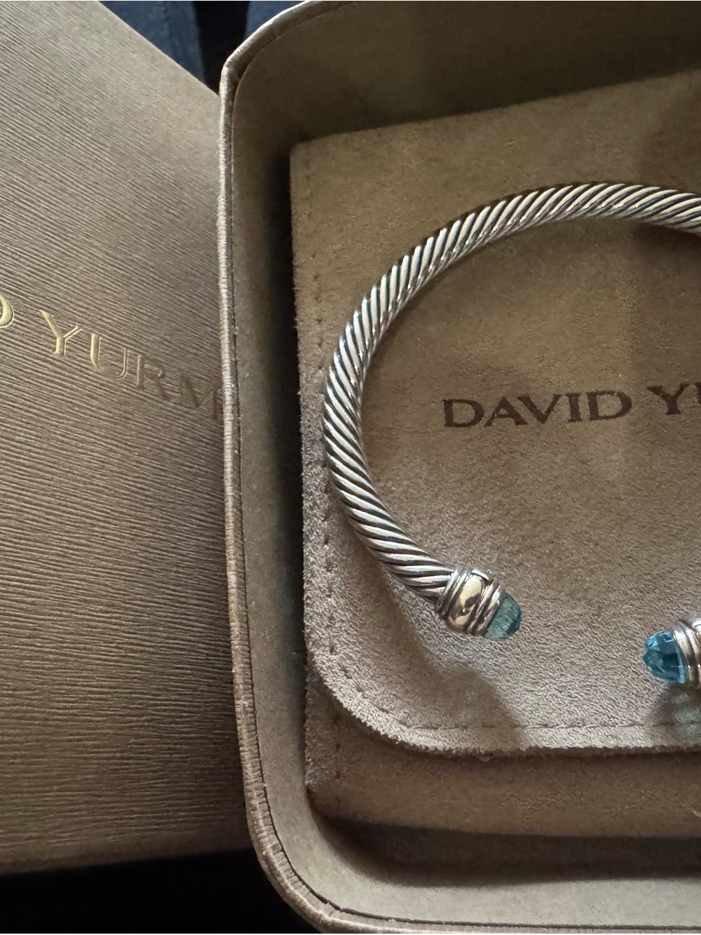 David Yurman Sterling Silver Cable Bracelet with Blue Endstones Size Med